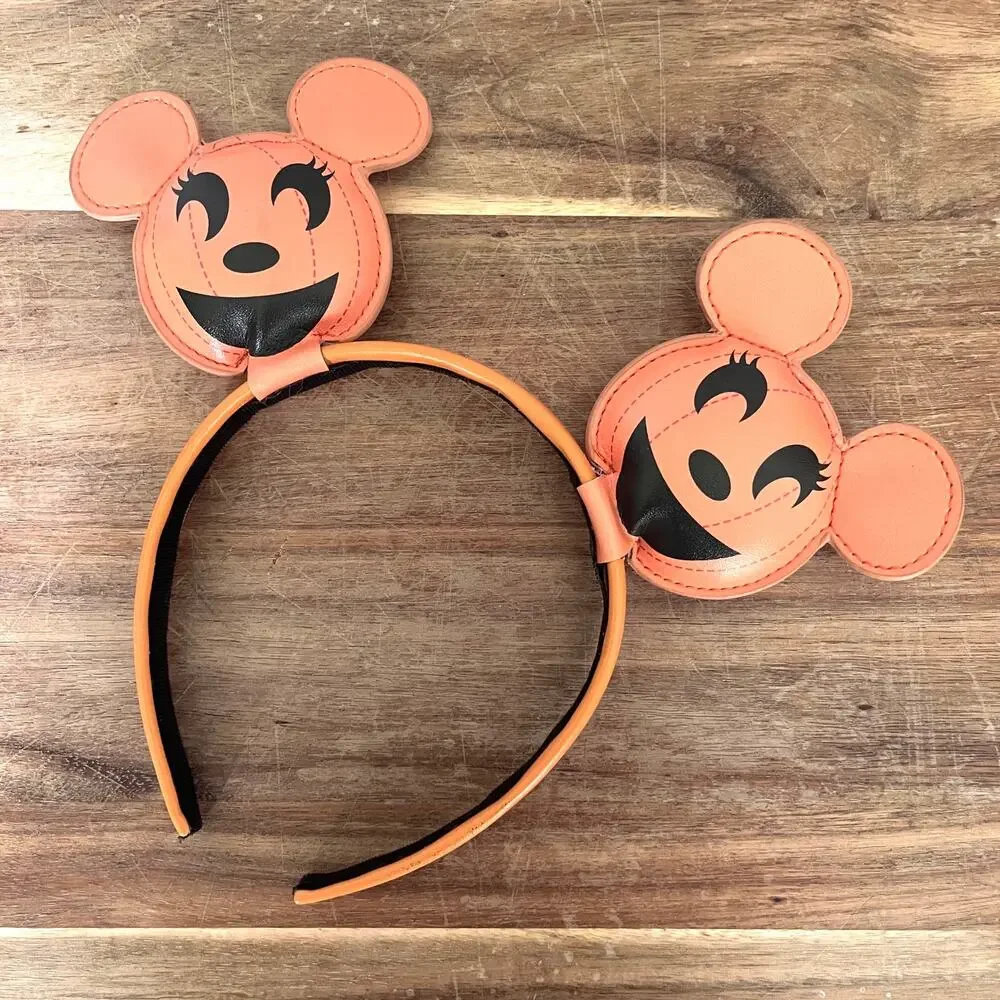 Disney Parks Mickey Mouse HalloweenJack-o-Lantern Headband Faux Leather Pumpkin